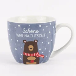 Maxi Tasse aus Porzellan Schöne Weihnachtszeit Bär Schnee blau weiß braun rot 400ml von La Vida