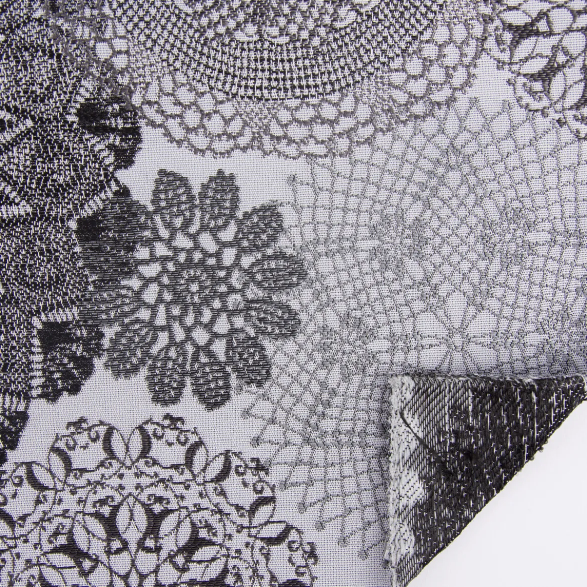 Möbelstoff Polsterstoff Dekostoff Doily Mandala Blumen schwarz 1,40m Breite