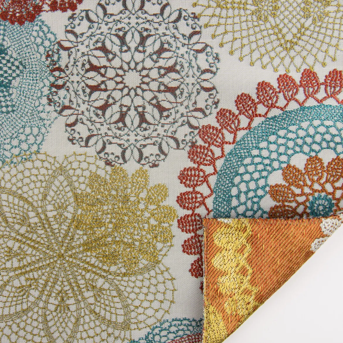 Möbelstoff Polsterstoff Dekostoff Doily Mandala Blumen terra petrol 1,40m Breite