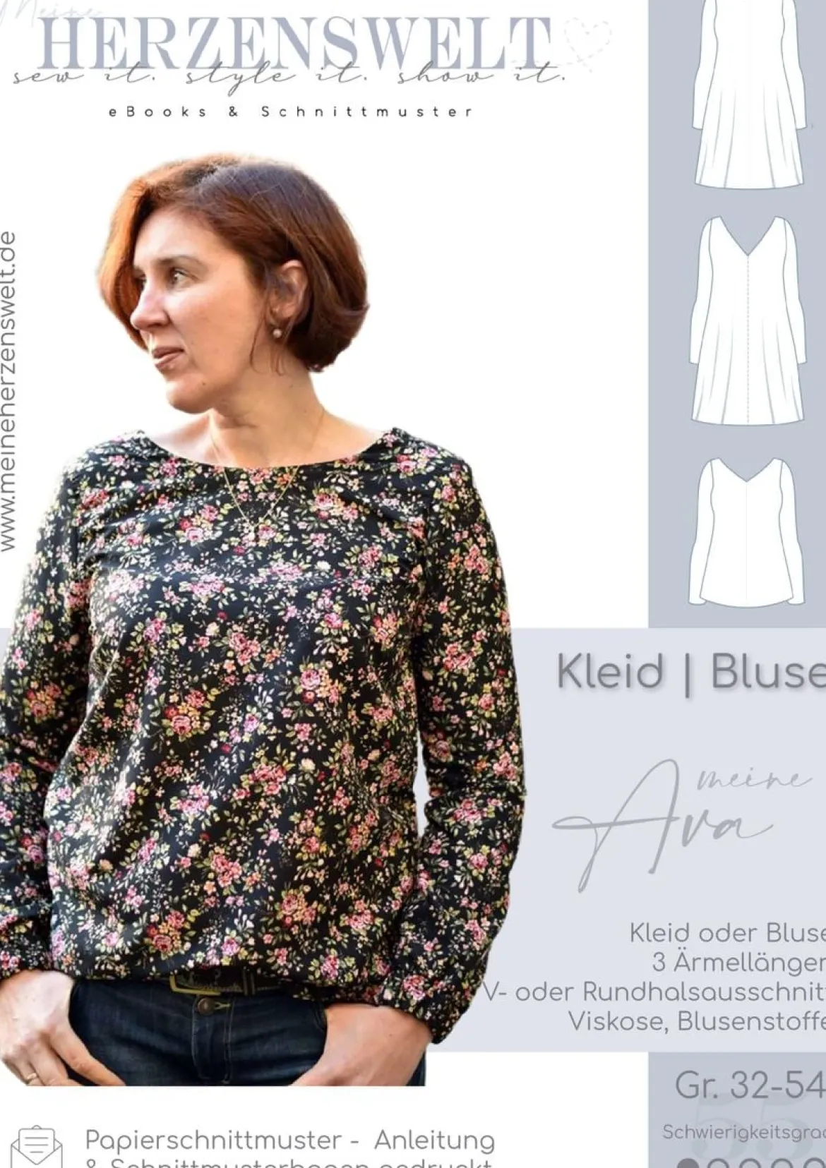 Meine Herzenswelt Damen Schnittmuster Kleid Bluse meine Ava Papierschnittmuster Gr. 32-54