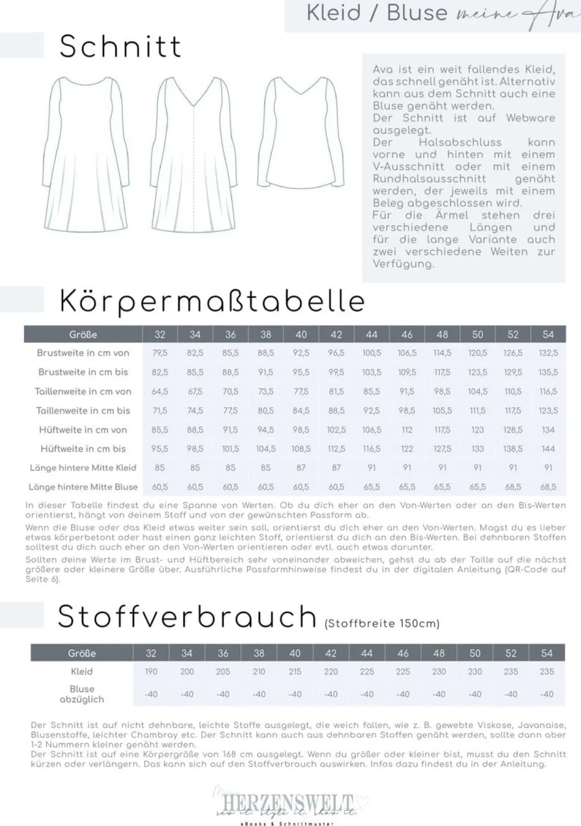 Meine Herzenswelt Damen Schnittmuster Kleid Bluse meine Ava Papierschnittmuster Gr. 32-54