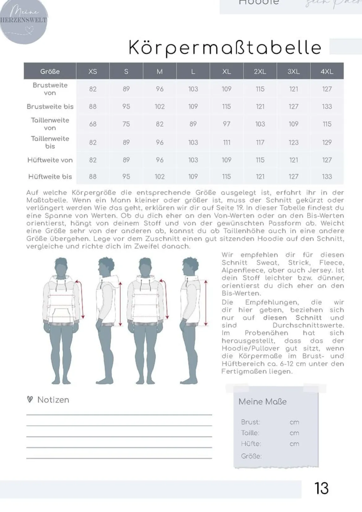 Meine Herzenswelt Herren Schnittmuster Hoodie sein Paco Papierschnittmuster Gr. XS-4XL
