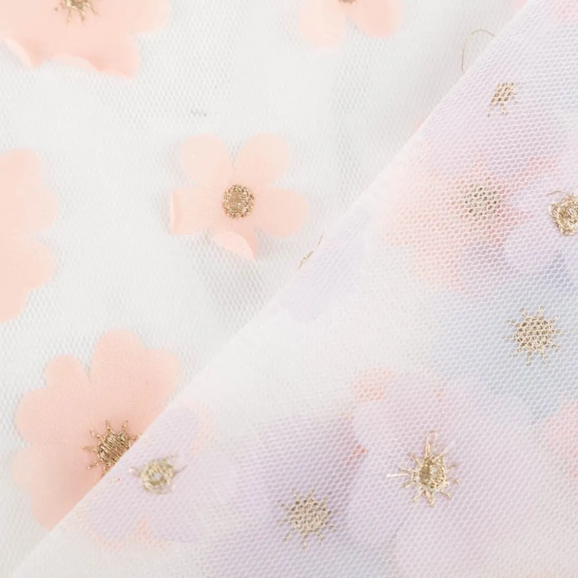 Mesh Stoff mit 3D Blüten pastell 1,32m Breite