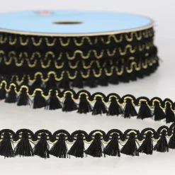 Mini-Quastenborte Fransenborte schwarz mit Lurexeffekten goldfarbig 12mm