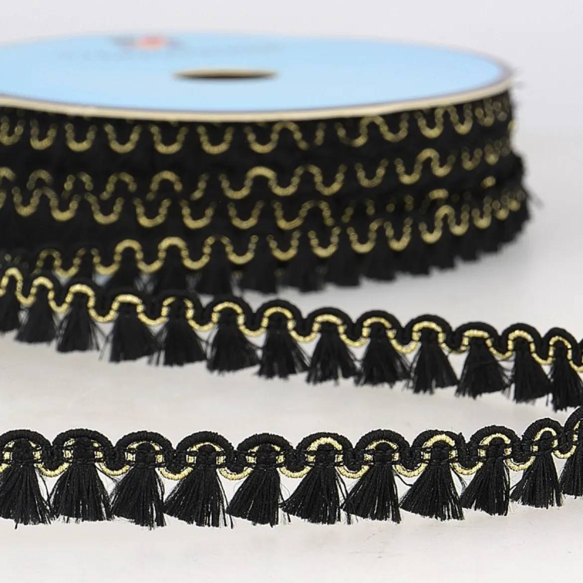 Mini-Quastenborte Fransenborte schwarz mit Lurexeffekten goldfarbig 12mm
