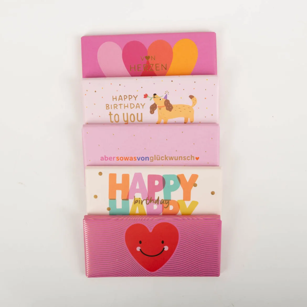 Mini-Schokotafel "Happy Birthday to you" Hund mit Blume rosa goldveredelt 30g von Grafik Werkstatt