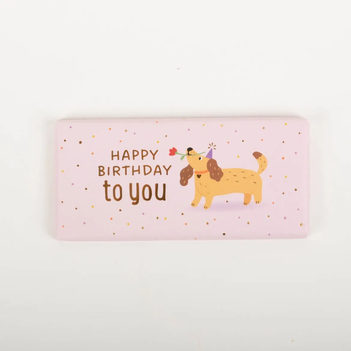 Mini-Schokotafel "Happy Birthday to you" Hund mit Blume rosa goldveredelt 30g von Grafik Werkstatt