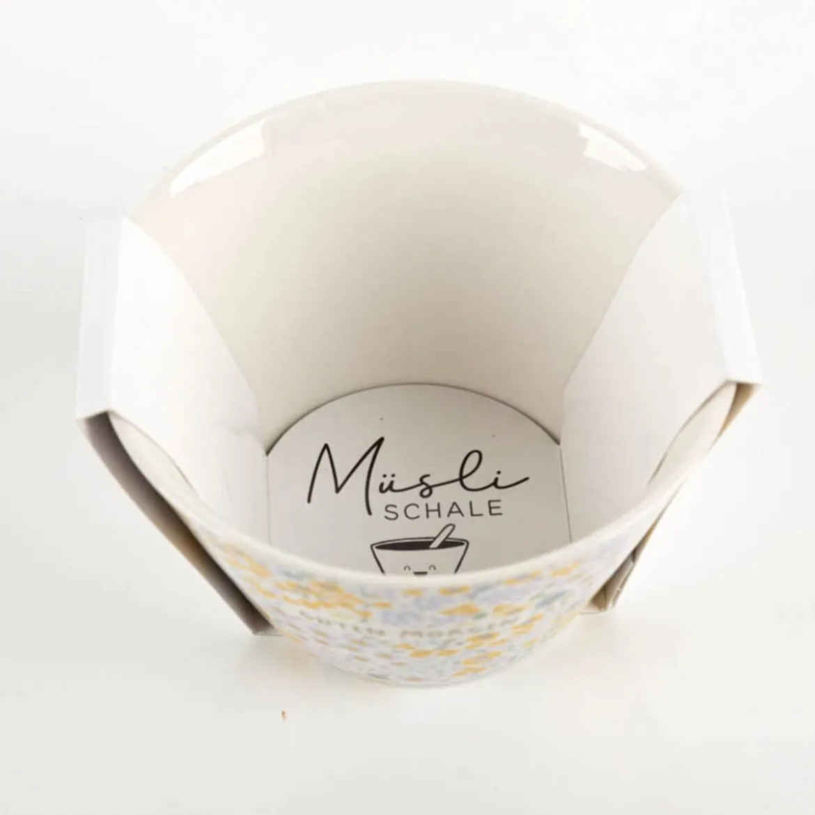 Müslischale mit Goldveredelung "Guten Morgen" Blümchen gelb lila 600ml von Grafik Werkstatt
