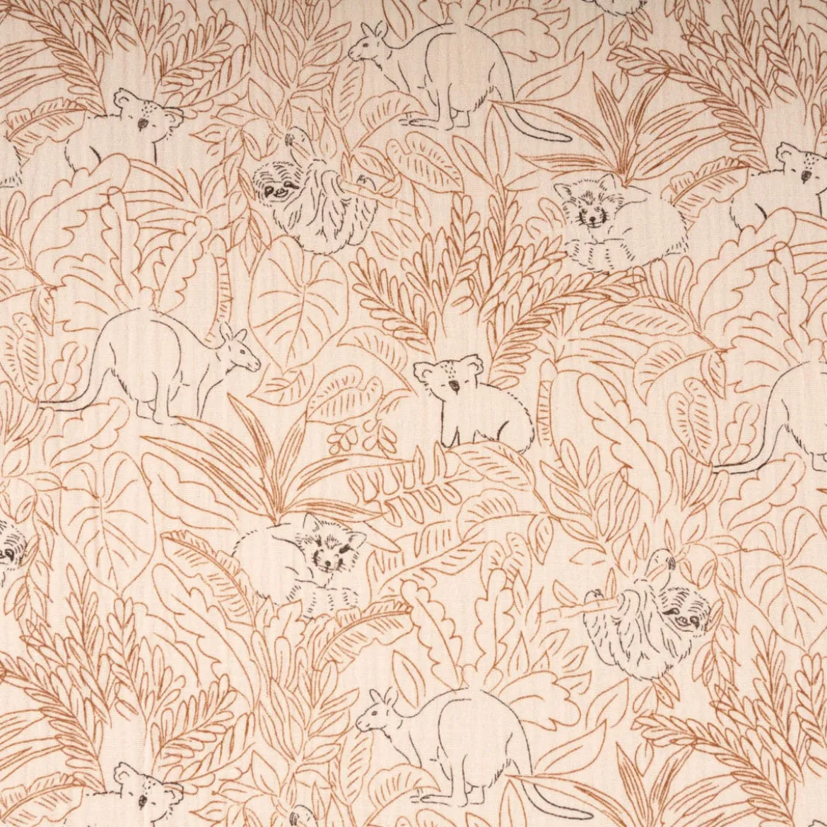 Musselin Stoff Baumwolle Bamako Blätter Dschungeltiere beige braun 1,30m Breite