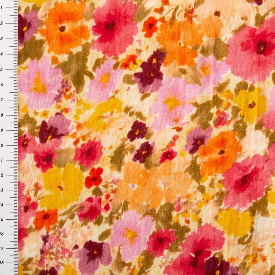 Musselin Stoff Baumwolle Digitaldruck Rebecca Blüten orange gelb rosa 1,30m Breite