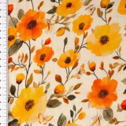 Musselin Stoff Baumwolle Digitaldruck Ezia Blumen beige orange gelb 1,30m Breite