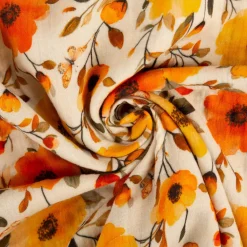 Musselin Stoff Baumwolle Digitaldruck Ezia Blumen beige orange gelb 1,30m Breite
