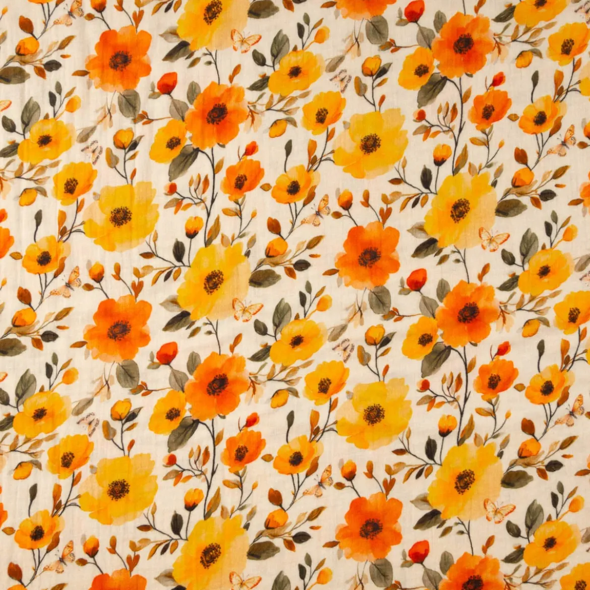Musselin Stoff Baumwolle Digitaldruck Ezia Blumen beige orange gelb 1,30m Breite