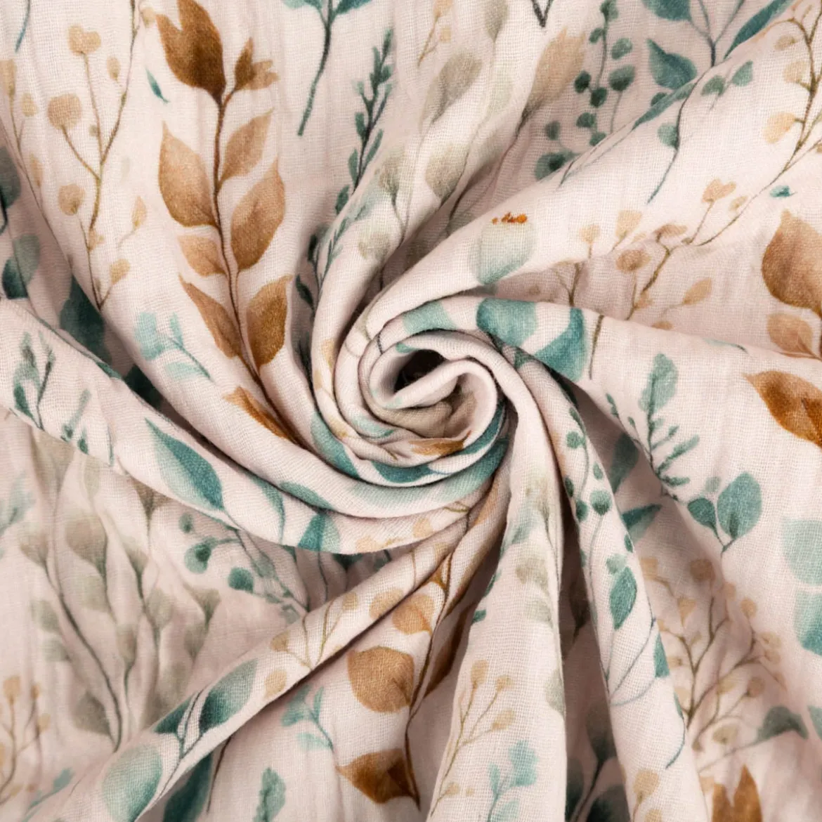 Musselin Stoff Baumwolle Digitaldruck Mariva Blätter Gräser beige grün 1,30m Breite