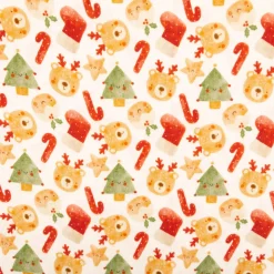 Musselin Stoff Baumwolle Digitaldruck Rufo Weihnachtsbären Zuckerstangen ecru rot 1,30m Breite