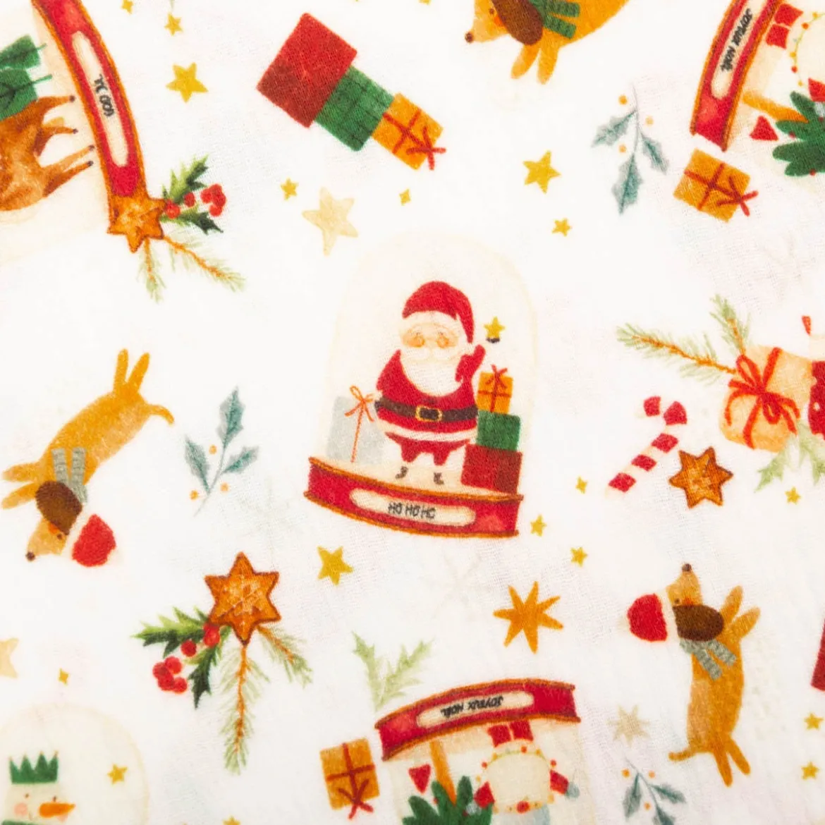 Musselin Stoff Baumwolle Digitaldruck Joujou Schneekugeln Weihnachtsmann weiß rot 1,30m Breite