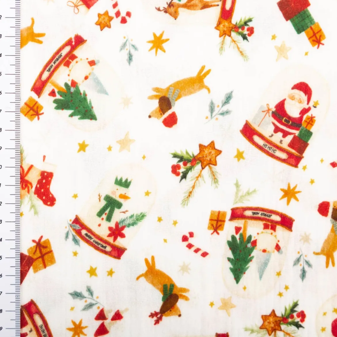 Musselin Stoff Baumwolle Digitaldruck Joujou Schneekugeln Weihnachtsmann weiß rot 1,30m Breite