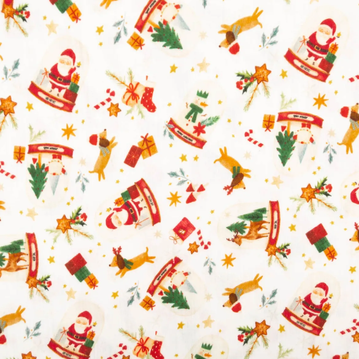 Musselin Stoff Baumwolle Digitaldruck Joujou Schneekugeln Weihnachtsmann weiß rot 1,30m Breite
