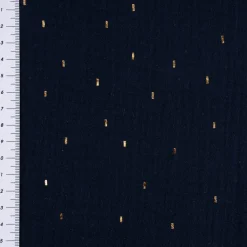 Musselin Stoff Baumwolle Foliendruck Konfetti Striche einfarbig dunkelblau goldfarbig 1,35m Breite