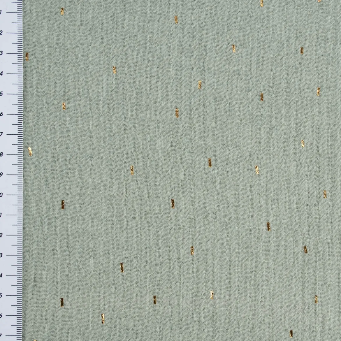 Musselin Stoff Baumwolle Foliendruck Konfetti Striche einfarbig altgrün goldfarbig 1,35m Breite