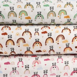 Musselin Stoff Baumwolle glatt Regenbogen Panda Wolken weiß braun ocker blau 1,30m Breite