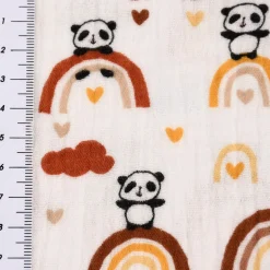 Musselin Stoff Baumwolle glatt Regenbogen Panda Wolken weiß braun ocker blau 1,30m Breite