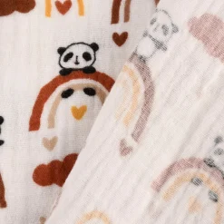 Musselin Stoff Baumwolle glatt Regenbogen Panda Wolken weiß braun ocker blau 1,30m Breite