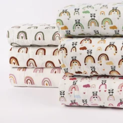 Musselin Stoff Baumwolle glatt Regenbogen Panda Wolken weiß braun ocker blau 1,30m Breite