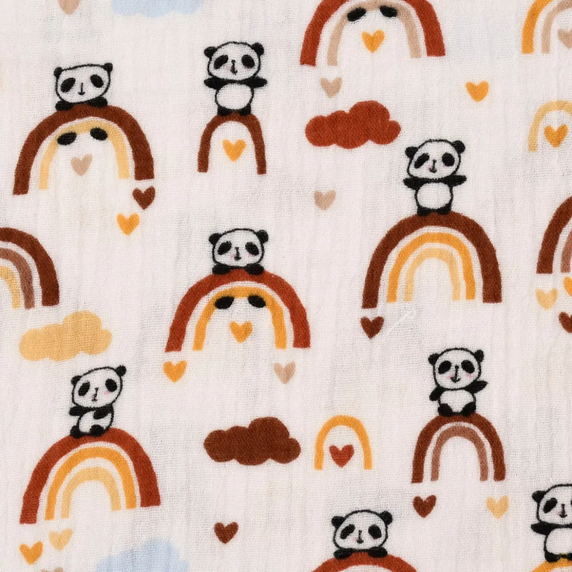 Musselin Stoff Baumwolle glatt Regenbogen Panda Wolken weiß braun ocker blau 1,30m Breite
