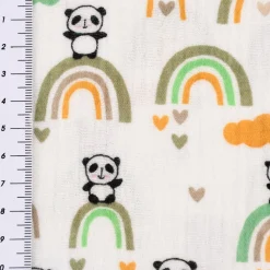 Musselin Stoff Baumwolle glatt Regenbogen Panda Wolken weiß grün ocker blau 1,30m Breite