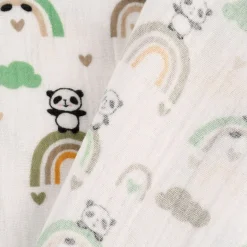 Musselin Stoff Baumwolle glatt Regenbogen Panda Wolken weiß grün ocker blau 1,30m Breite