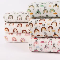 Musselin Stoff Baumwolle glatt Regenbogen Panda Wolken weiß grün ocker blau 1,30m Breite