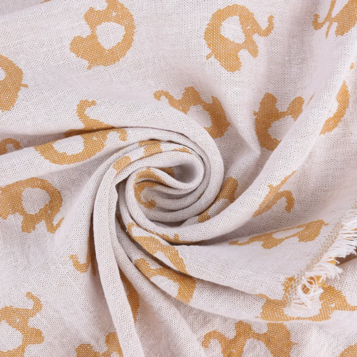Musselin Stoff Baumwolle Jacquard Doubleface Elefanten gelb meliert weiß 1,45m Breite