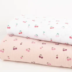 Musselin Stoff Baumwolle Kirschen weiß rosa rot 1,33m Breite
