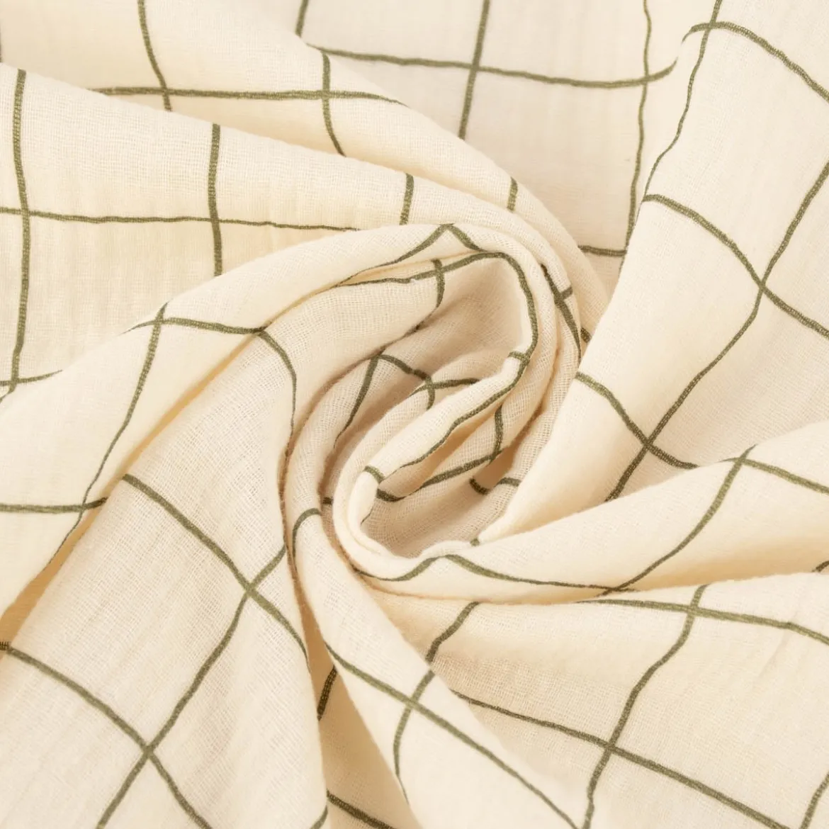 Musselin Stoff Baumwolle Meterware Gitterkaro beige khakigrün 1,30m Breite