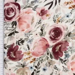 Musselin Stoff Baumwolle Meterware Rosen Digitaldruck weiß rosenrot 1,35m Breite
