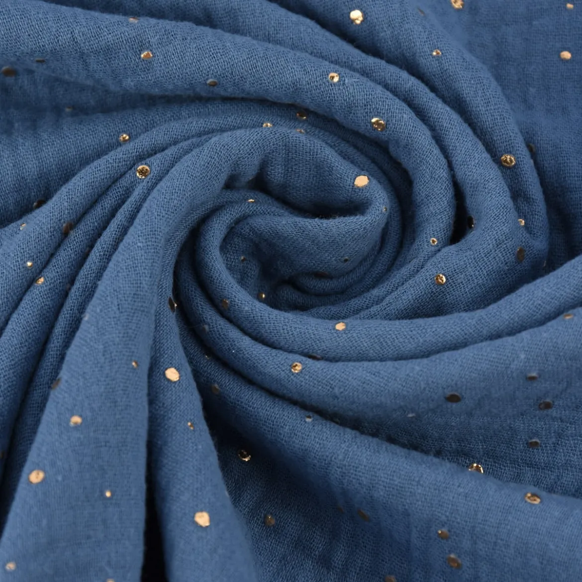 Musselin Stoff Baumwolle Punkte jeansblau gold 1,4m Breite