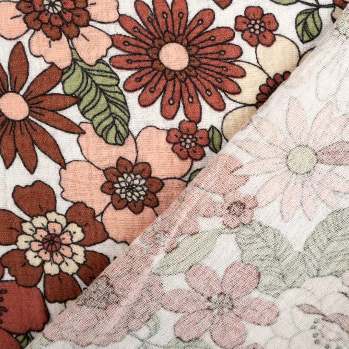 Musselin Stoff Baumwollstoff Blüten Blätter weiß rot rosa grün 1,50m Breite