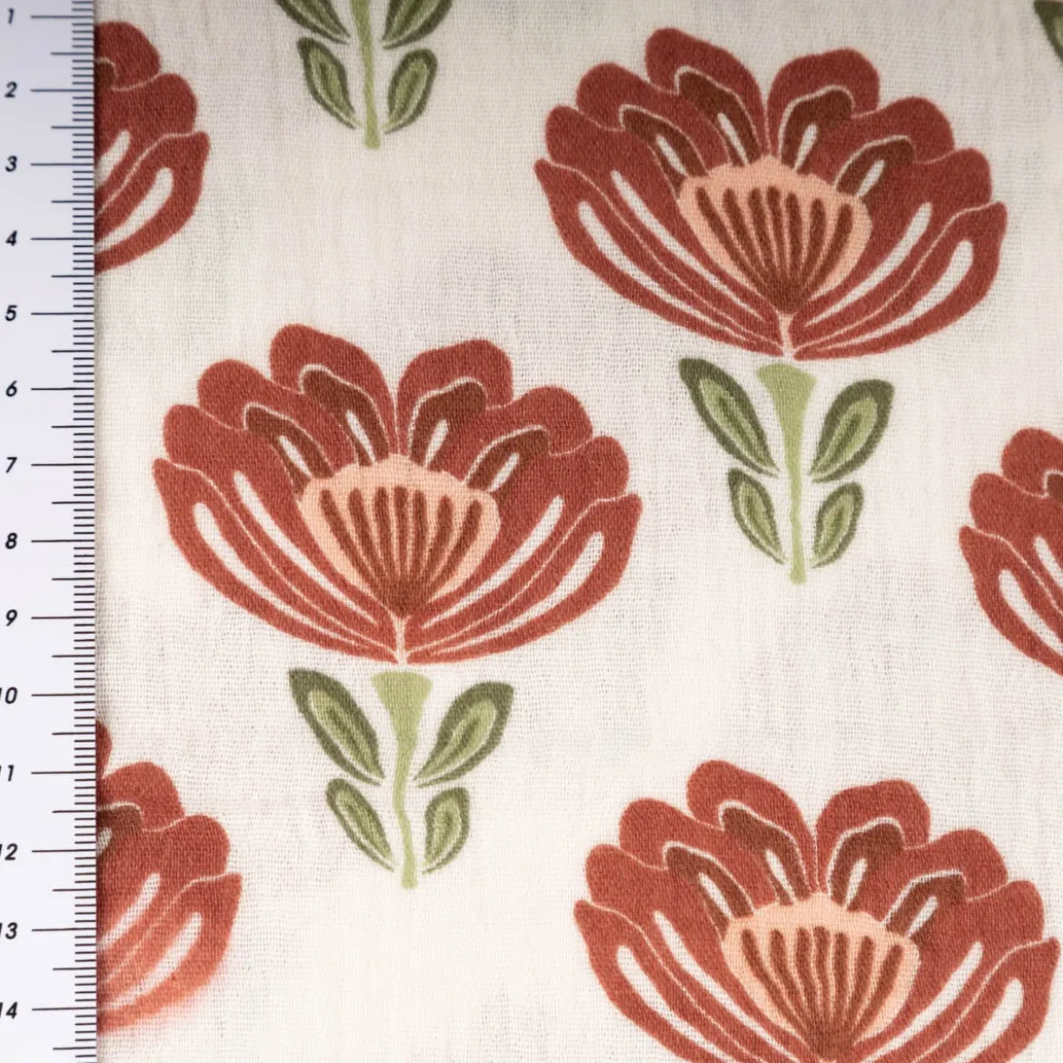 Musselin Stoff Baumwollstoff Blumen wollweiß rot grün 1,50m Breite
