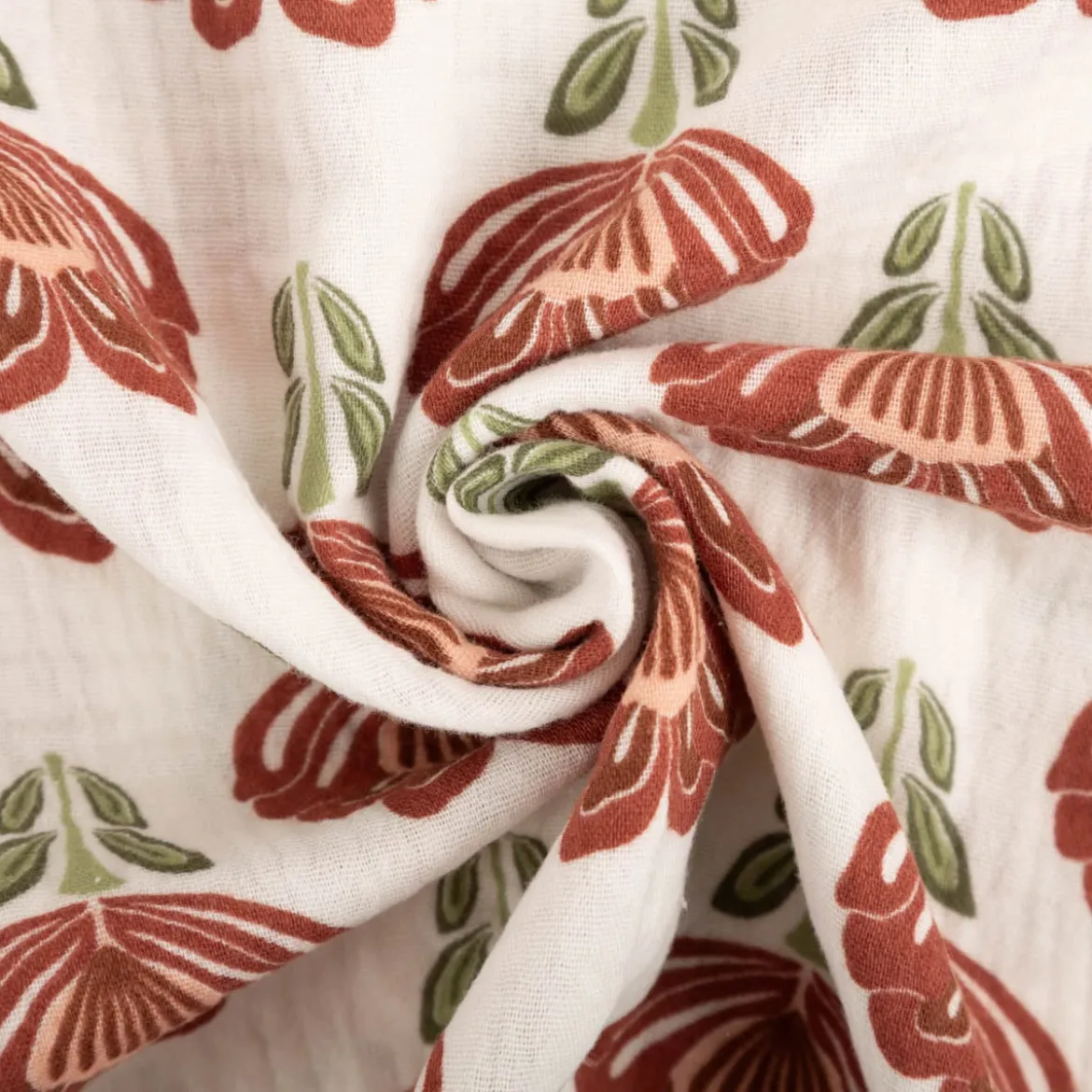 Musselin Stoff Baumwollstoff Blumen wollweiß rot grün 1,50m Breite