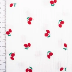 Musselin Stoff Baumwollstoff Kirschen Stickerei wollweiß rot 1,27m Breite