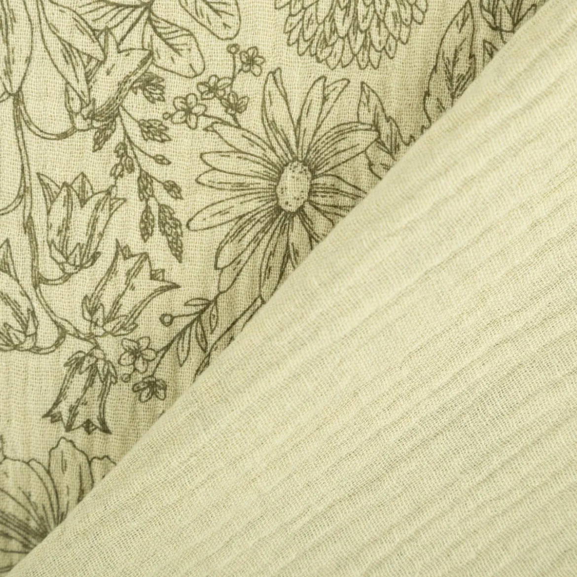 Musselin Stoff Baumwollstoff Blumen Blätter khaki grün 1,50m Breite