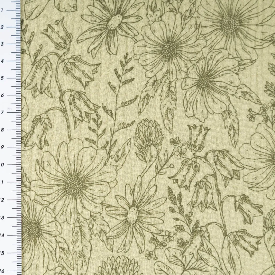 Musselin Stoff Baumwollstoff Blumen Blätter khaki grün 1,50m Breite