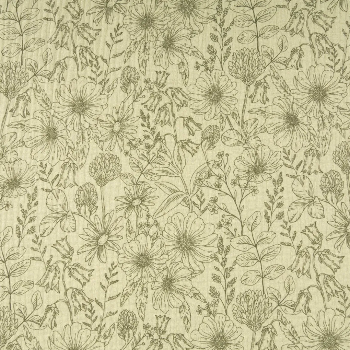 Musselin Stoff Baumwollstoff Blumen Blätter khaki grün 1,50m Breite