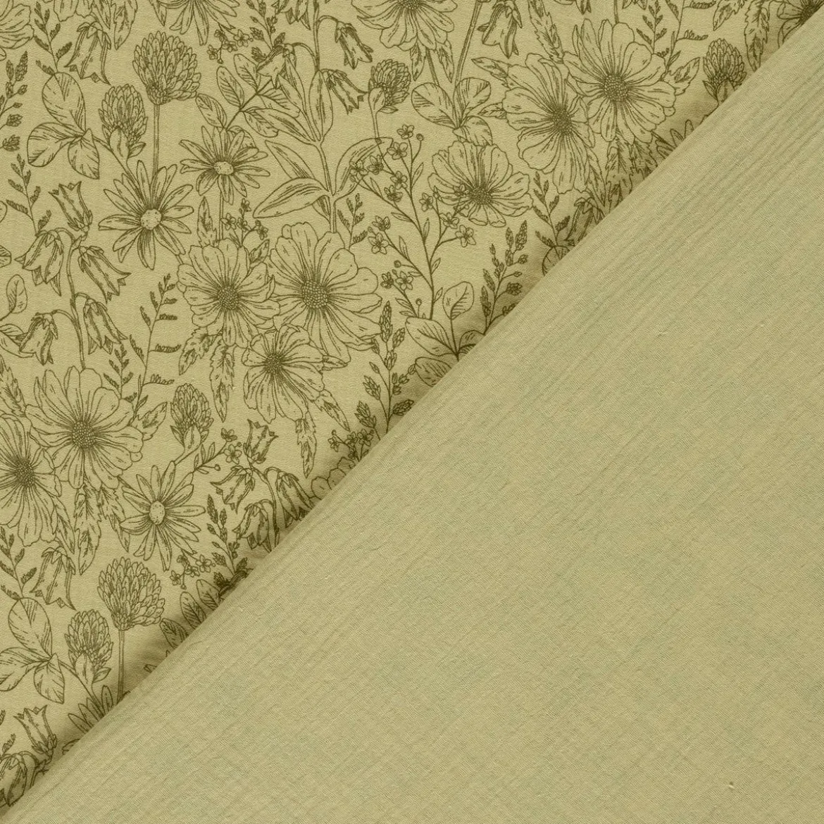 Musselin Stoff Baumwollstoff Blumen Blätter khaki grün 1,50m Breite