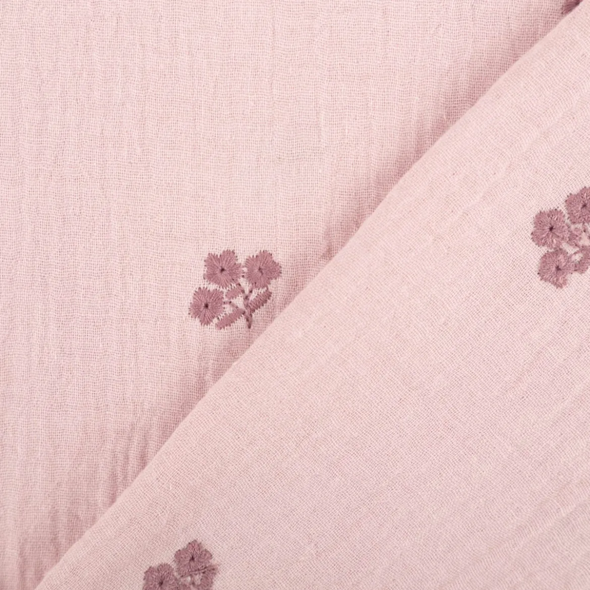 Musselin Stoff Double Gauze Blümchen Stickerei mauve 1,35m Breite