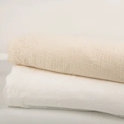 Musselin Stoff Double Gauze Blumen Bogenkante Stickerei weiß 1,30m Breite