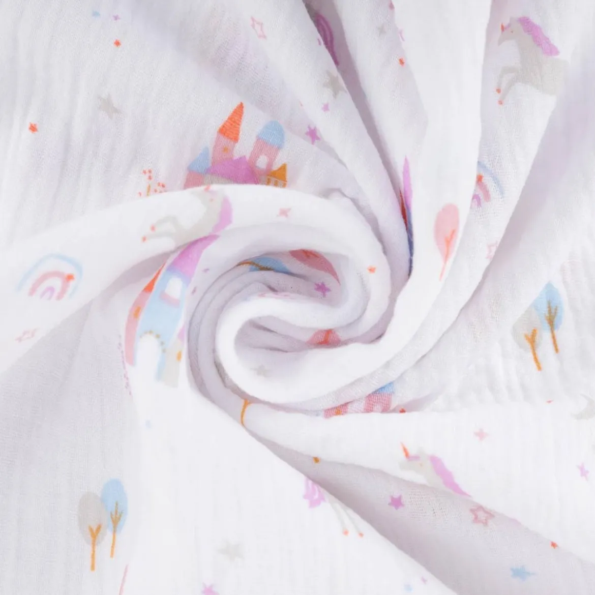 Musselin Stoff Double Gauze Castilla Einhörner und Märchenschlösser weiß rosa bunt 1,30m Breite