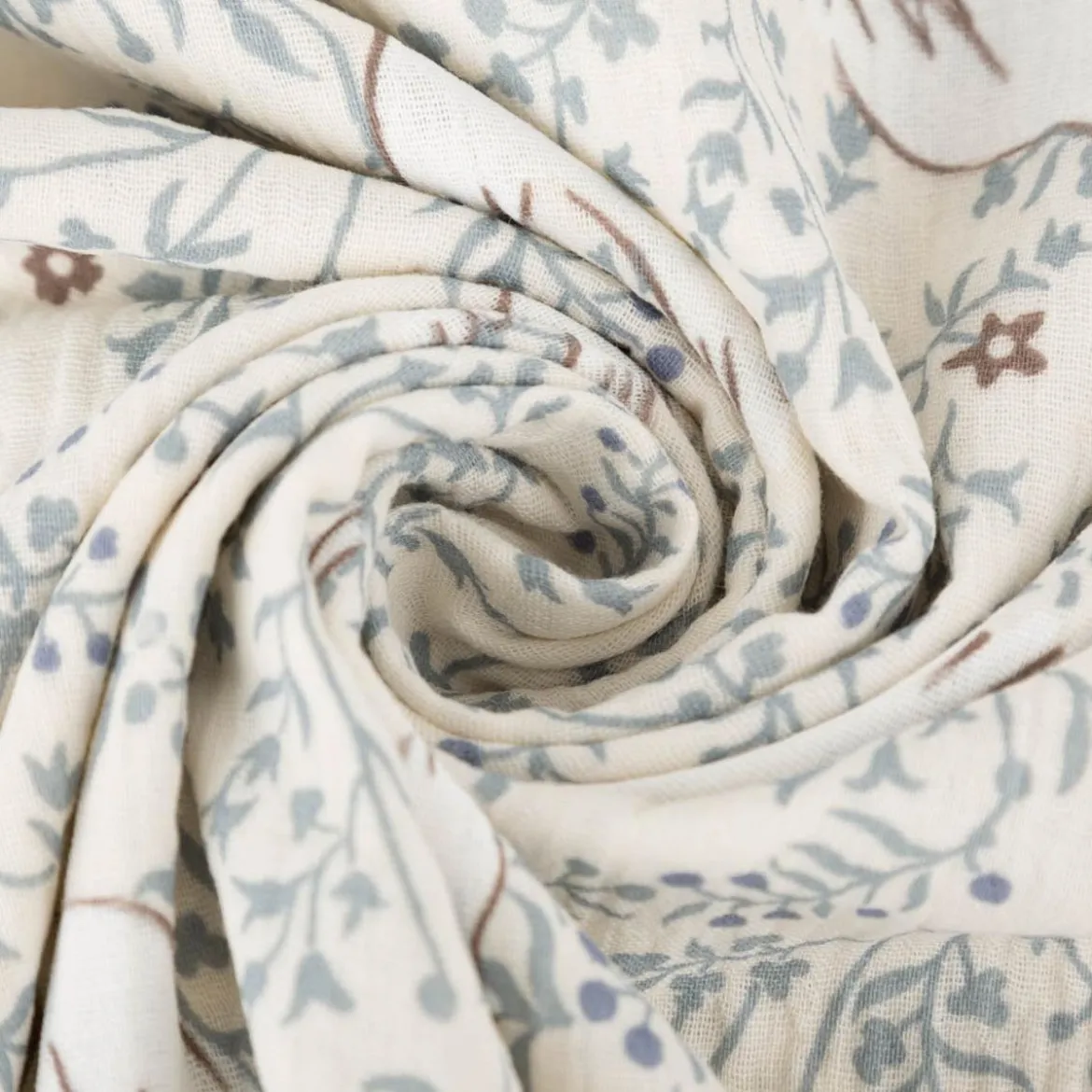 Musselin Stoff Double Gauze Daphany Vögel Ranken ecru blau 1,30m Breite