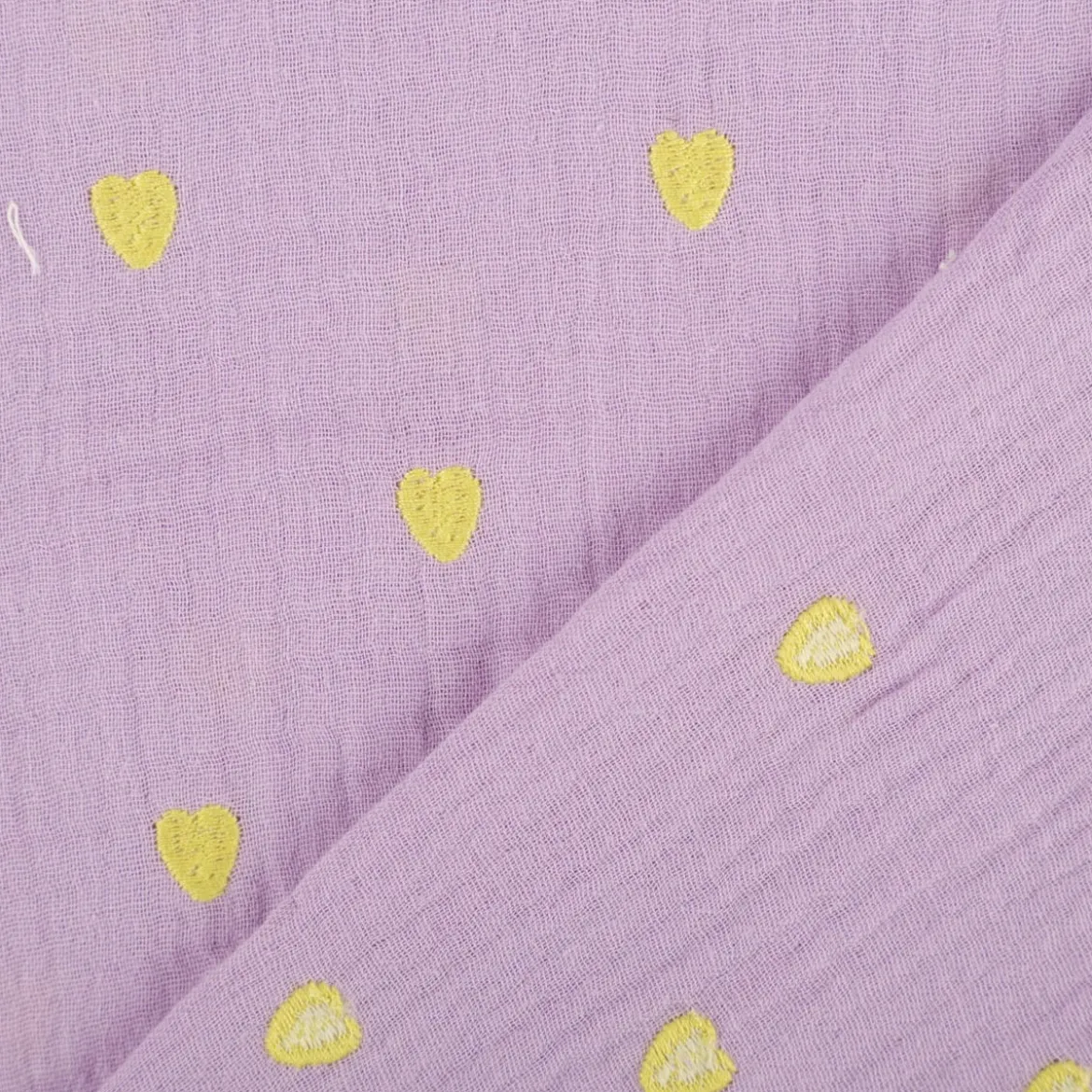 Musselin Stoff Double Gauze Herzchen Stickerei violett gelb 1,35m Breite